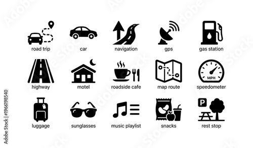Essential icons for a road trip: car, gps, gas station, highway, motel