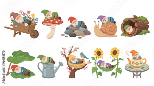 A charming vector set of cute cartoon gnomes sleeping in a garden. Whimsical characters for nursery decor, children's books, or fairytale illustrations.