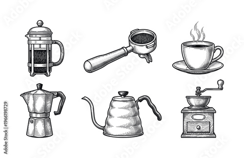 Vintage set of hand drawn coffee brewing equipment icons in retro engraving style. Perfect for cafe menus, branding, and packaging design. Includes grinder, moka pot, french press.