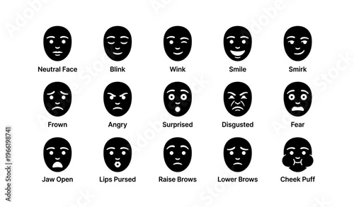 Set of 16 facial expressions: emotions from neutral to cheek puff