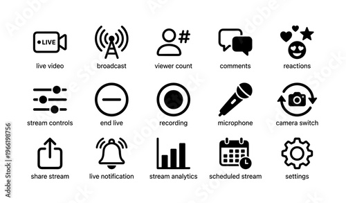 Live streaming icons set featuring video, microphone, and analytics symbols