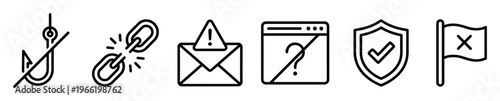Set of black line icons for cybersecurity, phishing, spam, and data protection. Vector symbols for web security, warning, error, and internet safety concepts.