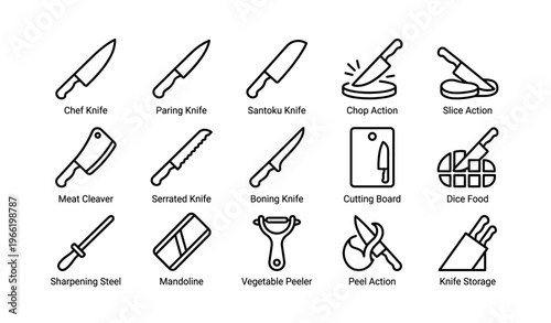 Kitchen utensils: chef knife, paring knife, santoku, cleaver, peeler, board