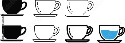 Various styles of coffee cups and saucers are displayed in black, white, and filled variations against a plain background.