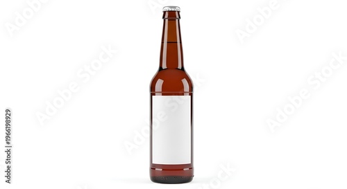 Empty amber glass beer bottle with label space on white background, minimalist product photography