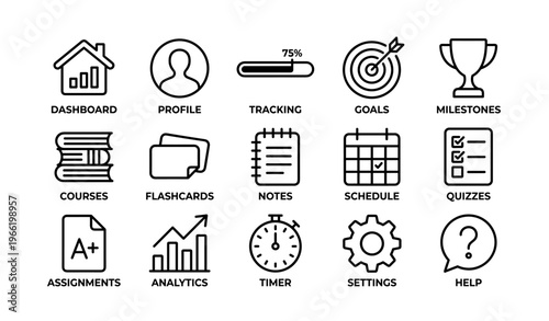 Educational dashboard icons: goals, courses, analytics, schedule, assignments