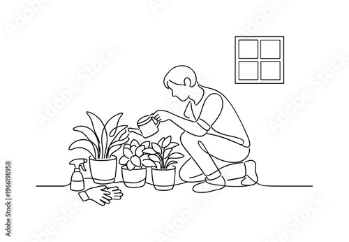 чPerson kneeling beside several potted houseplants watering leaves with a small watering can, spray bottle and gardening gloves