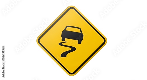 Yellow slippery road warning sign with swerving car icon for traffic safety and hazardous conditions