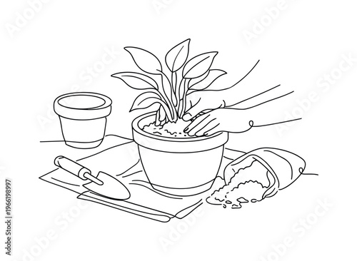 Close view of hands repotting a leafy plant into a larger clay pot, small trowel and bag of soil on the floor, old pot set aside