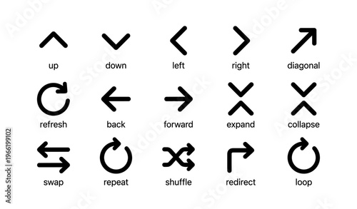 Arrow and direction icons set: up, down, left, right, refresh, expand, collapse, shuffle, loop