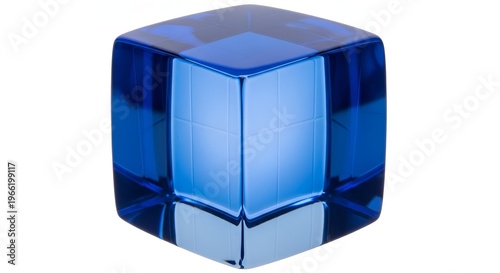 3D blue ice cube isolated on white background, glossy transparent texture, cold fresh concept