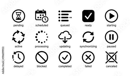 Icon set for process status: pending, scheduled, queued, ready, starting