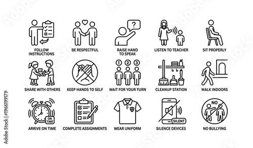 School rules icons: behavior, respect, and classroom etiquette for students