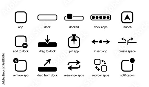Set of app dock icons for device interface customization and management