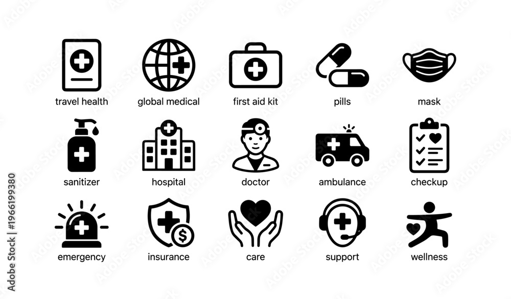 Obraz premium Healthcare icons set featuring medical tools and services symbols