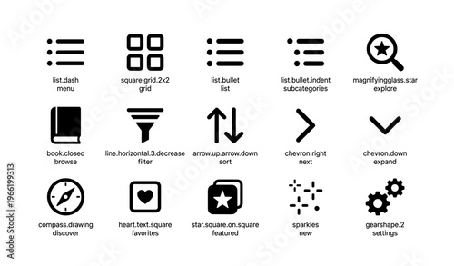 Collection of common interface icons including grids, filters, and navigation arrows
