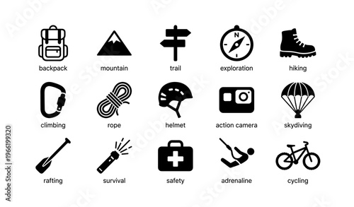Adventure icons: backpack, mountain, trail sign, compass, boot, climbing gear, camera, parachute, raft, bike