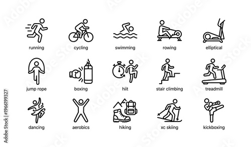 Vector icons illustrating various fitness and exercise activities