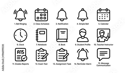 Classroom icon set with bell, calendar, and communication symbols