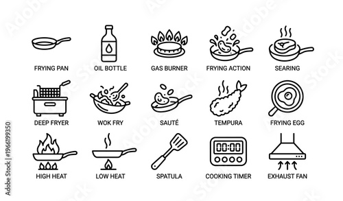 Cooking tools and techniques icons: frying, tempura, saute, wok, gas burner, frying pan, oil bottle