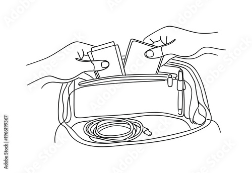 Close view of hands placing a passport and folded itinerary into a small zip pocket inside a carry-on bag, pen clipped to the