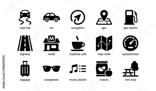 Road trip adventure icons set with cars, gps, and travel essentials