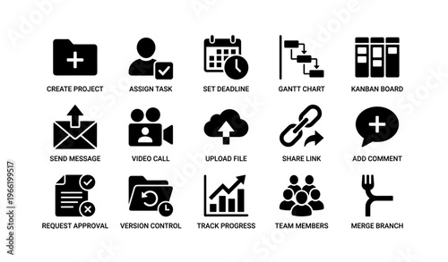 Project management icons set: tasks, deadlines, charts, communication, collaboration