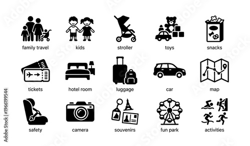 Family travel essentials icons: kids, stroller, toys, snacks, map, camera, car