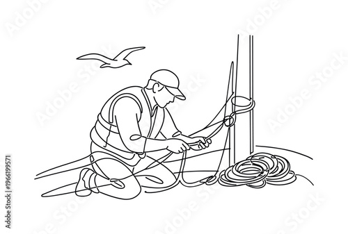 Close view of a sailor adjusting ropes on the deck of a small sailboat, life jacket worn, coiled lines resting near the mast and