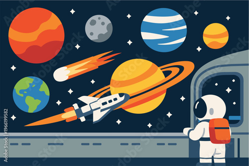 Flat vector illustration of an astronaut looking through a space station window at planets Earth and Saturn, a spacecraft, and a comet in a starry cosmos.