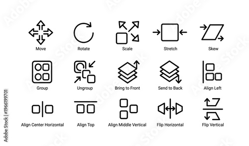 Interface design icons: move, rotate, scale, align, flip, group functions