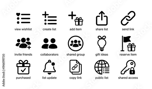 Set of black line icons: wishlist, gift, share, collaboration, access