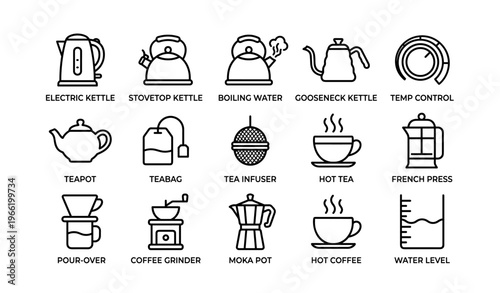 Various kettles and coffee making tools: electric, stovetop, teapots, french press, and accessories