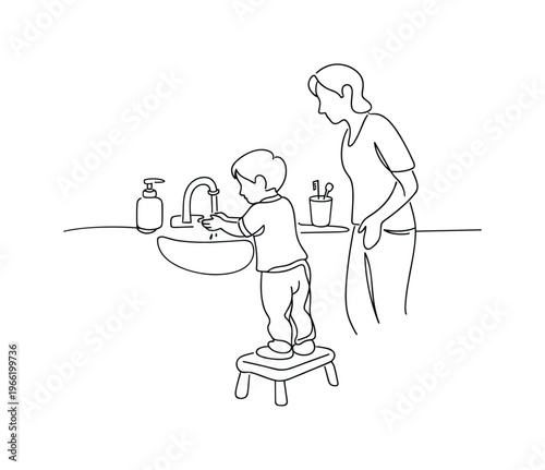 Child standing on a small step stool reaching up to wash hands at a sink, parent nearby supervising, liquid soap bottle and