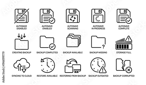 Icon set for backup and autosave processes with floppy disks and cloud symbols