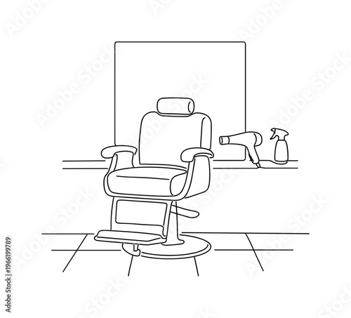 Empty barbershop chair centered in front of a large mirror, footrest extended, hairdryer and spray bottle resting on a nearby