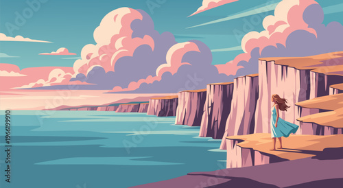 Serene Coastal Vista A Beautiful Vector Illustration of a Woman Gazing at the Ocean from a Cliffside