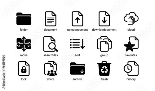Set of black office document and file management icons