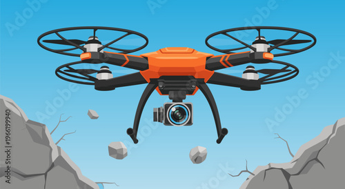 Orange and black drone with camera hovering above rocky terrain, a 3D vector illustration
