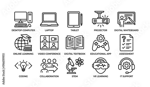 Icons for online learning tools: computer, tablet, vr, collaboration, stem
