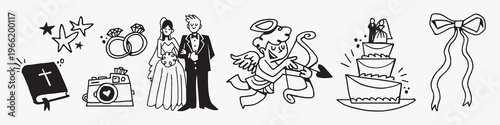 Whimsical wedding-themed black illustrations vector element set