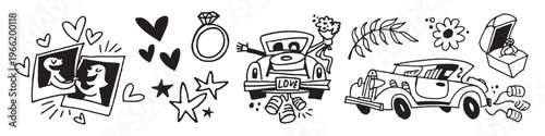 Whimsical wedding doodle illustrations vector element set
