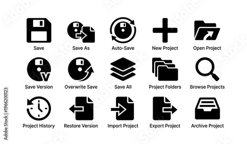 Icon set for project management and file operations