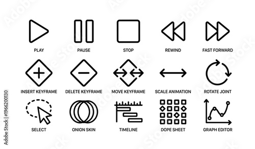 Vector animation icons: play, pause, stop, rewind, fast forward, keyframe, scale, rotate, select, timeline