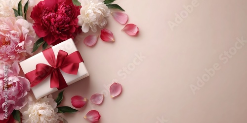 Beautiful peony bouquet with gift box and ribbon, dreamy pink backdrop, copy space for seasonal sale messages.