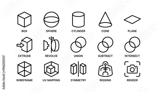 3d modeling icons: box, sphere, cylinder, cone, plane, extrude, intersect