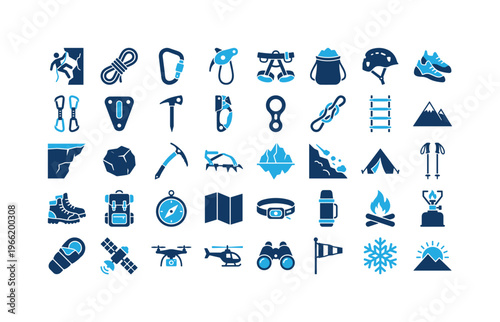 Collection of outdoor adventure and climbing equipment icons
