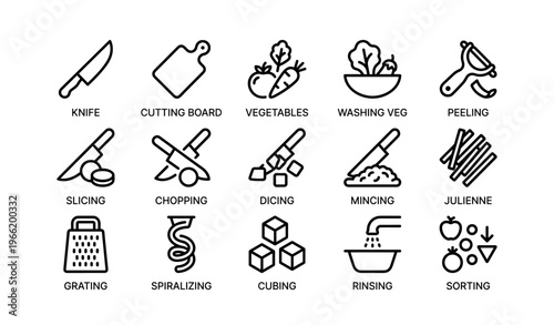 Kitchen tools and techniques: knife, chopping, dicing, and rinsing icons