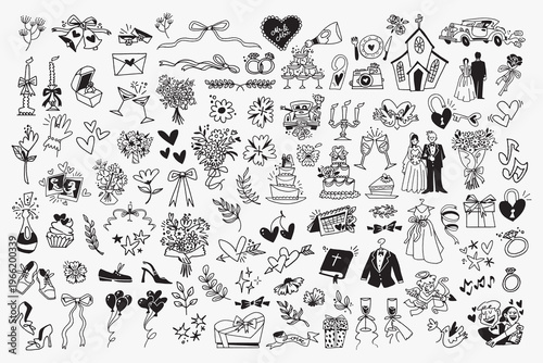 Wedding-themed doodles in black and white vector element set