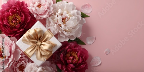 Luxury floral gift composition with golden bow, pastel peony bouquet, and sparkling confetti perfect for premium branding.